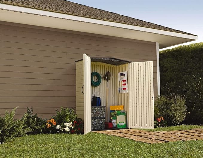 Rubbermaid Small Vertical Resin Outdoor Storage Shed With Floor (2.3 x 4.6 Ft), Weather Resistant, Beige/Brown, Organization for Home/Backyard/Pool Chemicals/Toys/Garden Tools/Porch/Patio Cushions