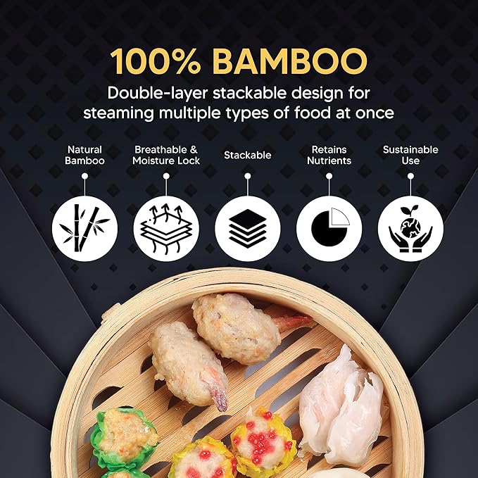 Helen's Asian Kitchen Bamboo Food Steamer with Lid - 100% Natural Bamboo - Basket Steamers for Cooking Dumplings, Dim Sum, Veggies, Fish, Meat - Preserve Nutrients & Flavors - 10-Inch