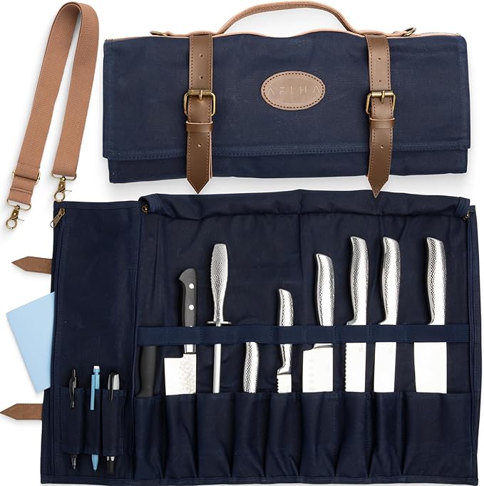 Chef’s Knife Roll Bag with 100% Top Grain Leather Knife Roll Bag with Waxed Canvas & Zippered Cover | Adjustable Strap with 9 knives Slots, Extra Storage & Pocket | US Brand