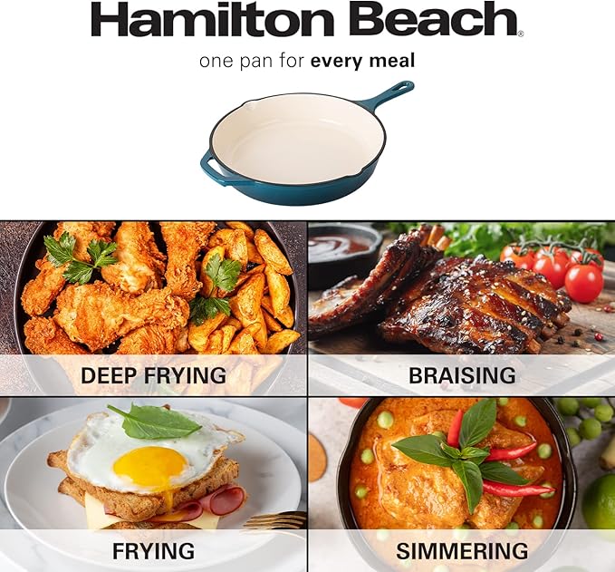 Hamilton Beach Enameled Cast Iron Fry Pan 12-Inch Navy, Cream Enamel Coating, Skillet Pan For Stove top and Oven, Even Heat Distribution, Durable