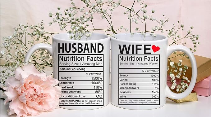CBTwear Husband And Wife Nutrition Facts - 11oz Ceramic Coffee Mug Couples Sets Funny Husband And Wife Anniversary Cups - Couple Bachelorette For Him And Her Wedding Engagement Bride To Be-