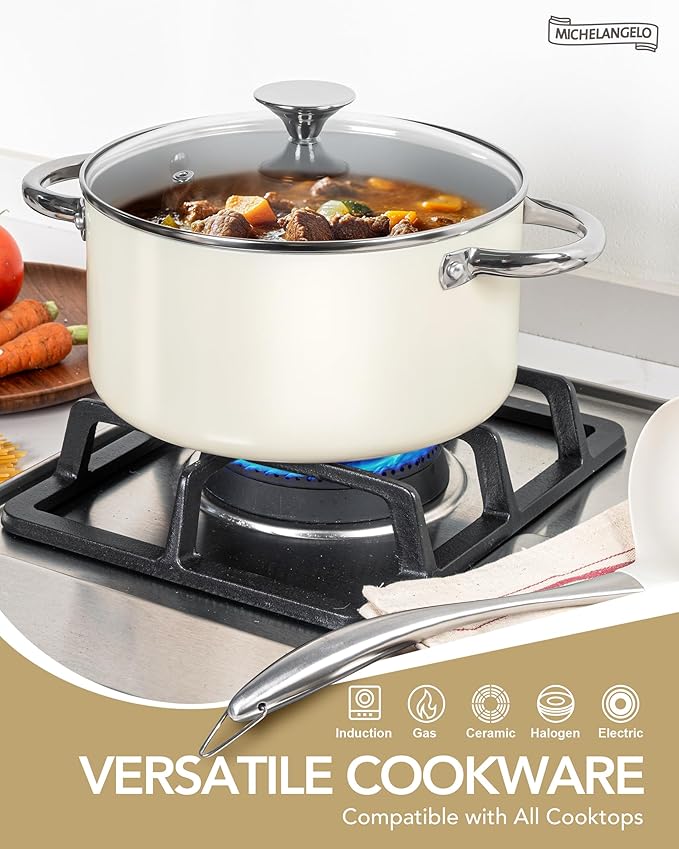 MICHELANGELO Ceramic Pots and Pans Set Non Stick - 8 Pcs Ceramic Cookware Set Non Toxic, Healthy Cooking Set with Ergonomic Handle, Oven Safe & Compatible with All Stovetops - Cream