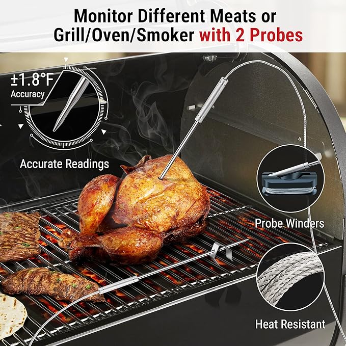 ThermoPro TP910 650FT Bluetooth Meat Thermometer for Smokers, Rechargeable Wireless Meat Thermometer for Grilling with 2 Probes, Grill BBQ Thermometer with Smart Timer, Alarm, Cook Time Estimator