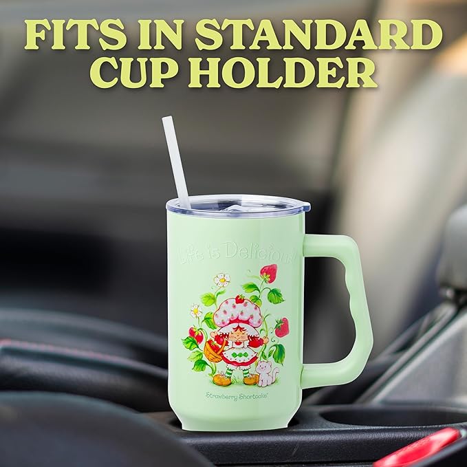Silver Buffalo Strawberry Shortcake and Custard “Life is Delicious!” Stainless Steel Tumbler with Handle, Fits in Standard Cup Holder, 40 Ounces