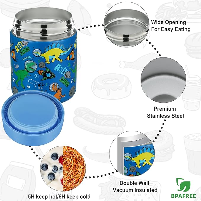 Itslife Bento Lunch Box Set for Kids with 12oz Soup Thermo&Lunch Bag, Leak-Proof Lunch Food Containers for Kids School, 5 Compartment, Sauce Cup, 10 Notes (Blue Dinosaurs)