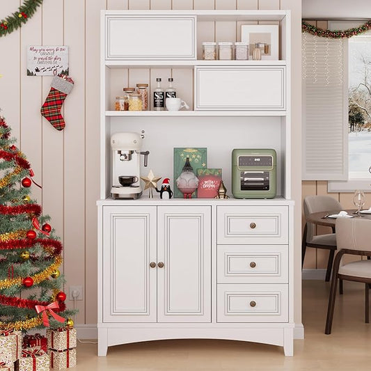 71" Farmhouse White Pantry Cabinet with Charging Station, 4-Type Storage & Anti-Tip Design, Kitchen Cabinet with Adjustable Shelves