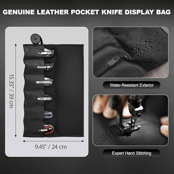 Real Leather Pocket Knife Roll with 6 Slots – Folding Knife Display Bag, Tactical Outdoor EDC Storage Protector, Compact Mini Case for Knives