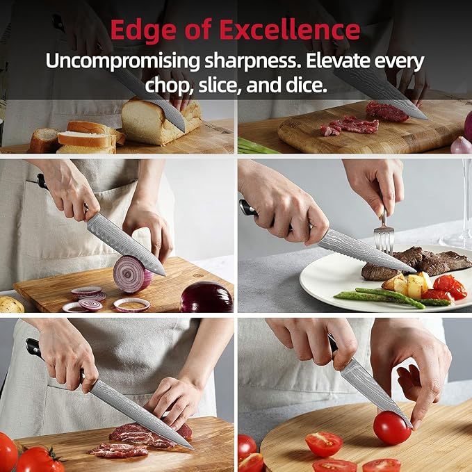 NANFANG BROTHERS Knife Sets, 9 Pieces Damascus Kitchen Knife Set with Block, ABS Ergonomic Handle for Chef Knife Set, Knife Sharpener and Kitchen Shears, Knife Block Set