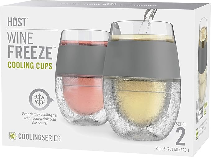 HOST 2962 Freeze Stemless Red & White Wine Tumbler Cups, Insulated Plastic Glass, Set of 2, 8.5 oz, Grey Silicone Bands
