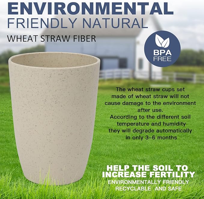 Homienly Wheat Straw Cups - Set of 6 Unbreakable Drinking Cups - 20 oz Reusable Dishwasher Safe Water Glasses - Kitchen Tumblers