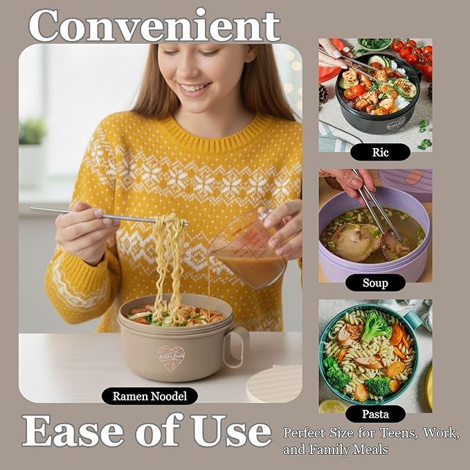 AI LOVE PEACE Ramen Bowl, 40 oz Microwaveable Noodle Cooker for Ramen, Pho, Soup, and Pasta, Dishwasher Safe and Portable, Ideal for Home, Office, Dorm, or Gift (Beige)