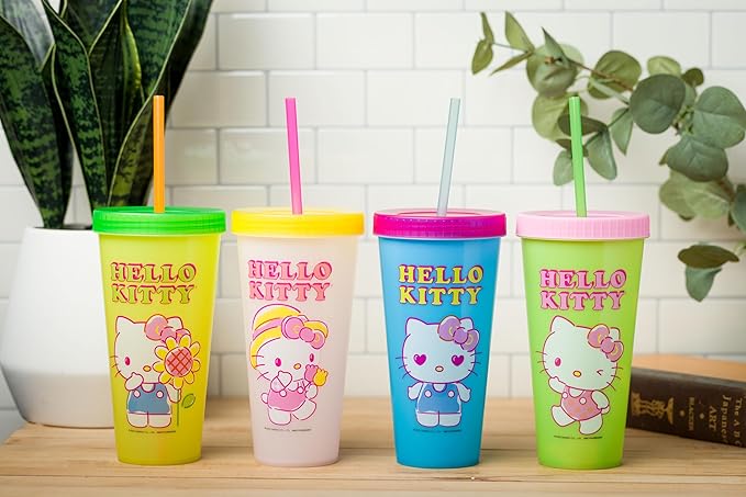 Silver Buffalo Sanrio Hello Kitty Summertime Gardening 4-Pack Color Changing Plastic Tumblers Includes Lid and Straw, 24 Ounces