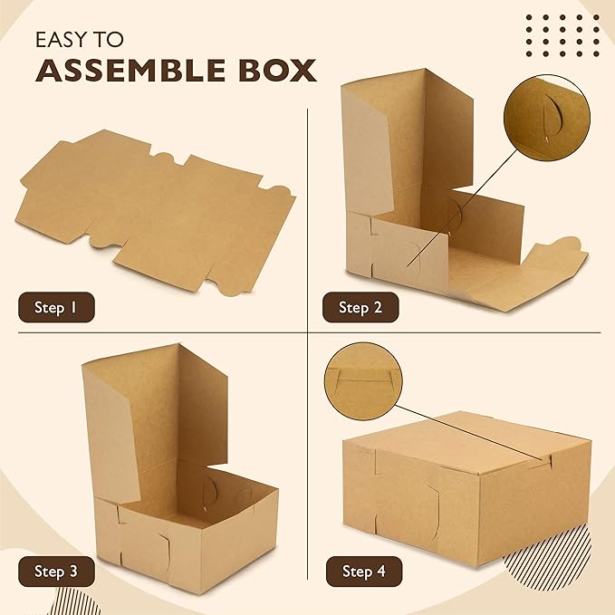 Fit Meal Prep 25 Pack Kraft Bakery Boxes, 8 x 8 x 3 Inches Brown Pastry Boxes, Cardboard Treat Boxes Pie Boxes Cookie Boxes Dessert Boxes for Cupcakes, Chocolates, Donuts, Macarons