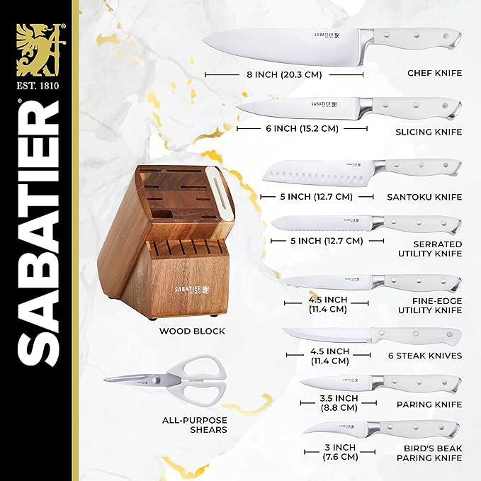 Sabatier 15-Piece Forged Triple Rivet Knife Block Set with Built-in Sharpener, High-Carbon Stainless Steel Kitchen Knives, Razor-Sharp Knife set with Acacia Block and Edgekeeper Technology, White