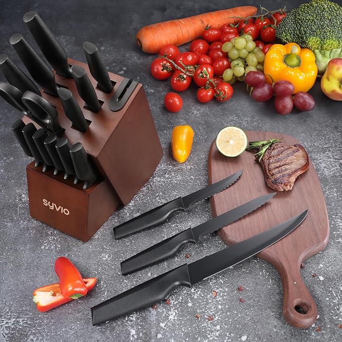 syvio Knife Set, 15 Pcs Kitchen Knife Set with Block and Sharpener, with Heavy Poultry Shears and 6pcs Serrated Steak Knives Razor-Sharp, Stainless Steel, Lightweight, Anti-Slip Handle