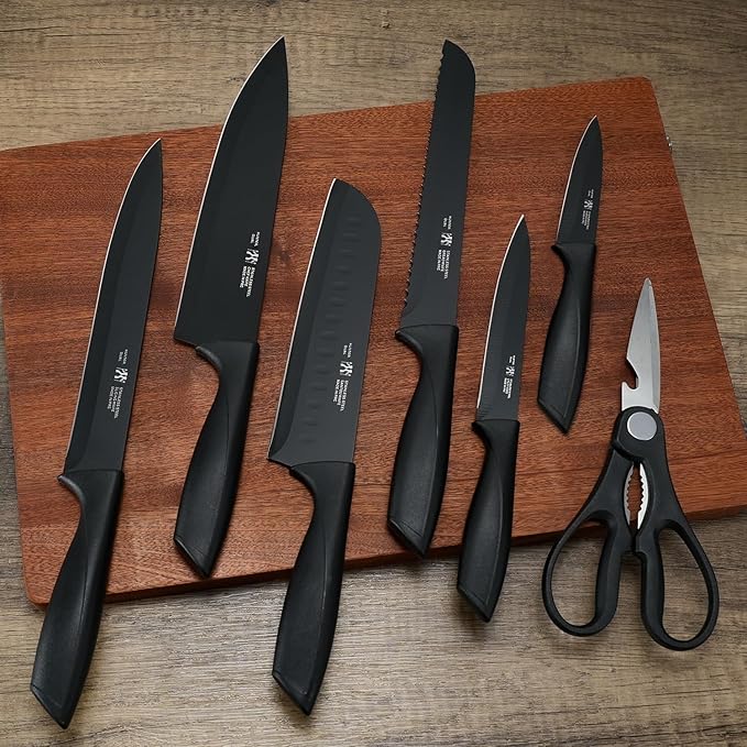 Knife set, 8-Piece Kitchen Knife Set for Chef, Sharp Knife Set with Universal Knife Block, Anti-Rust Kitchen Knife Block Set, Ergonomical Design (Dark Black)