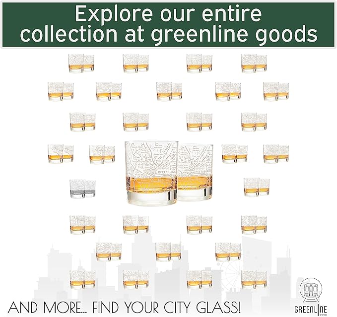 Greenline Goods Whiskey Glasses - 10 Oz Tumbler Gift Set for Pittsburgh lovers, Etched with Pittsburgh Map | Old Fashioned Rocks Glass - Set of 2