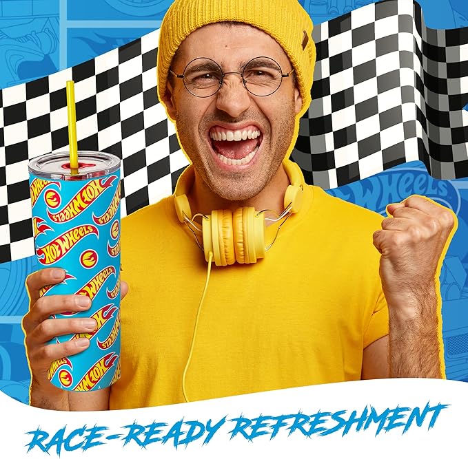 Dragon Glassware x Hot Wheels Insulated Tumbler with Lid and Straw - 24 oz Tumbler Cup with 2 Straws - Stainless Steel Tumbler with Straw for Water, Iced Tea - Travel Coffee Tumbler - Race Team