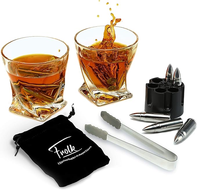 Frolk Whiskey Chillers Premium Gift Set, Set Of 6 Extra Large Stainless Steel Whiskey Stones, 2 Large Twisted Whiskey Glasses (11 oz), Freezer Base, Velvet Pouch & Tongs In Novelty Wooden Box