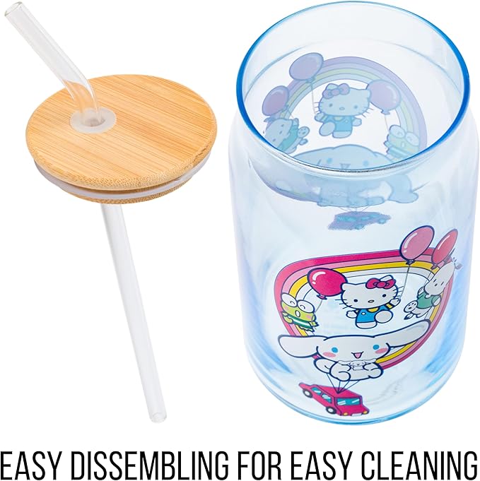 Silver Buffalo Sanrio Hello Kitty & Friends Floating Car Balloons Featuring Cinnamoroll, Pochacco, and Keroppi Glass Jar Tumbler with Bamboo Lid and Glass Straw, 16 Ounces (Pack of 12)