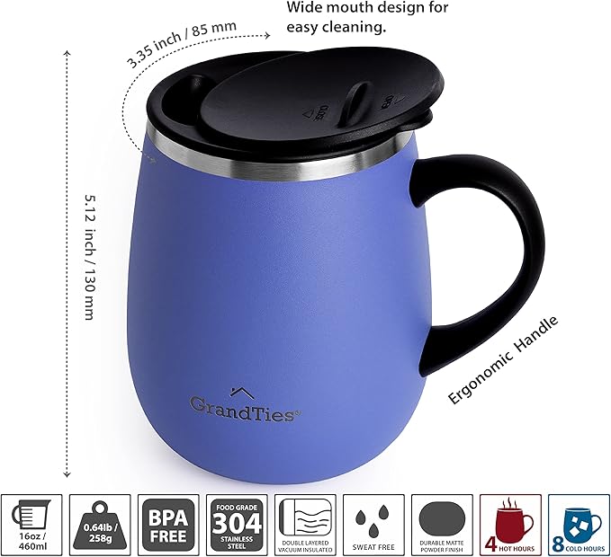 GRANDTIES Insulated Coffee Mug with Handle - Sliding Lid for Splash-Proof 16oz Wine-Glass Shape Thermal Tumbler with Double Walled Vacuum Stainless Steel to Keeps Beverages Hot or Cold-Periwinkle
