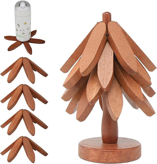 Tree Shape Wooden Trivets for Hot Dishes, 4 Wooden Trivets + 1 Stand stored Like a Christmas Tree，for Easy Storage，Multifunctional Ornaments (Walnut Brown)