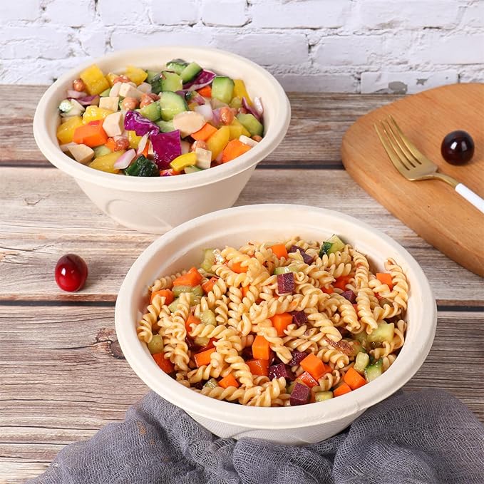 33 oz Disposable salad bowls with lids, Sugarcane Fiber Paper Bowls take away food containers Plant Fibers Freezer Safe 50 Pack