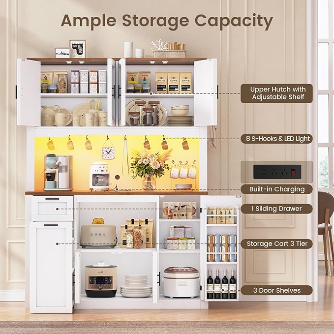 Itaar 71" Pantry Cabinet with Charging Station and LED Light, Kitchen Pantry Cabinet with Microwave Stand, 47.2" Wide Kitchen Storage Cabinets with Storage Cart 3 Tier for Dining Room, White