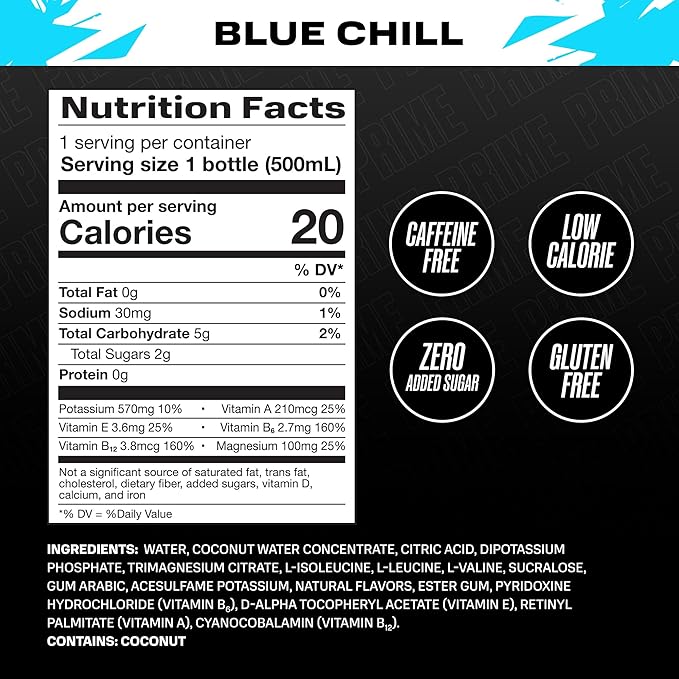 PRIME Hydration ICE BLUE CHILL, Sports Drinks, Electrolyte Enhanced for Ultimate Hydration, 250mg BCAAs, B Vitamins, Antioxidants, Low Sugar, 16.9 Fl Oz, 12 Pack