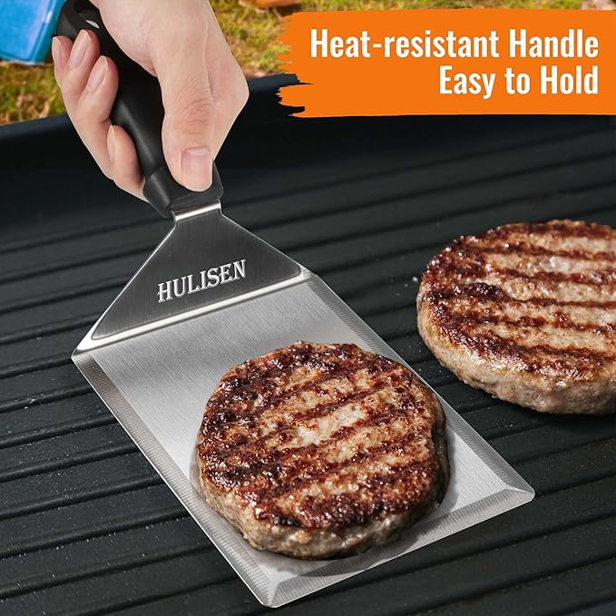 HULISEN Stainless Steel Spatula 2 pcs, 6 x 5 Inch Large Metal Spatula with Cutting Edges, Griddle Spatula for Smashed Burger, Essential Flat Top Grill Accessories, Grill Spatula for Outdoor Grill