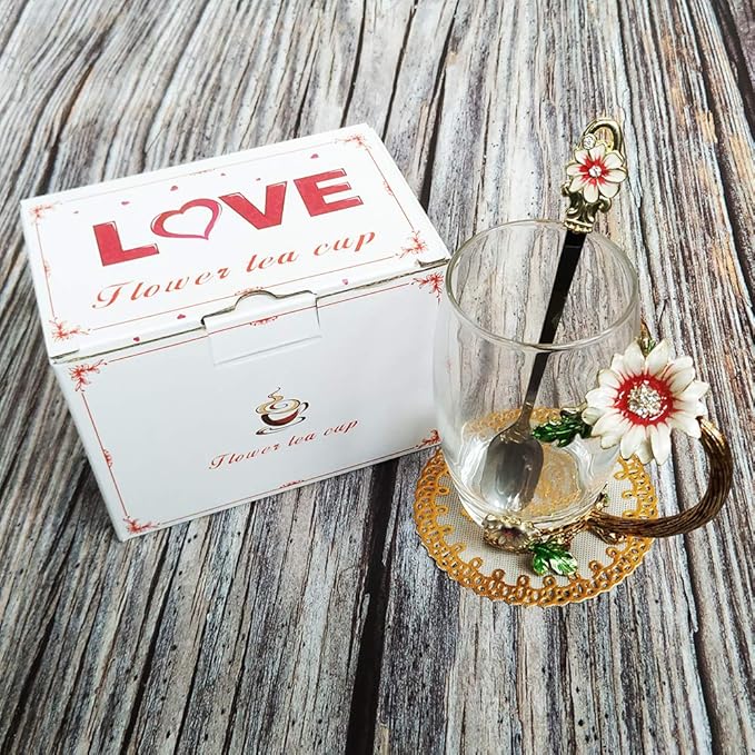 Enamel Sunflower Crystal Lead-Free Glass Tea Cup with Spoon Set, Present for The Christmas, Valentine's Day.Best Present for Mother, Grandma, Girlfriend, Sister.