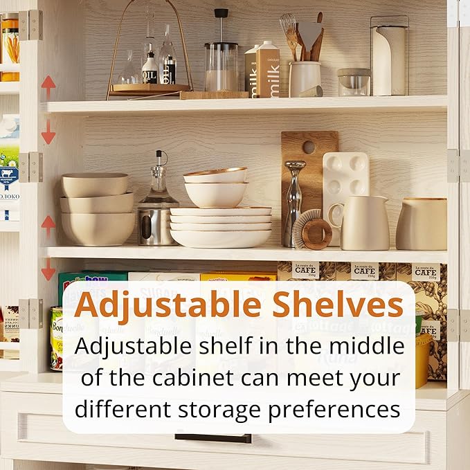 IRONCK Farmhouse Kitchen Pantry Cabinet, 72" Height Tall Freestanding Cupboard with Sliding Storage Rack and 6 Hanging Shelves for Kitchen, Dining Room, White