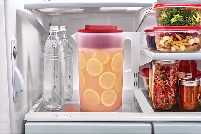 Rubbermaid 2-Piece Pitcher Set with 3 Position Pour Spout Lid for Water, Tea, and Drinks, Dishwasher Safe, 1-Gallon, Clear/Red