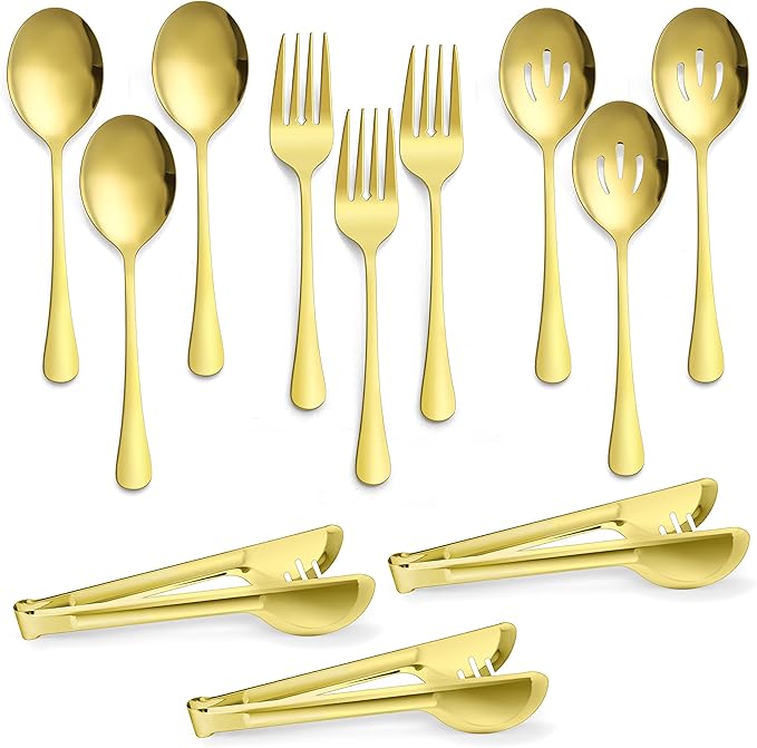 Large Gold Serving Utensils Set of 12, E-far Stainless Steel 9.8 Inch Serving Spoons Slotted Spoon, 9.9 Inch Forks, 9.4 Inch Tong for Buffet Catering, Mirror Finish & Dishwasher Safe