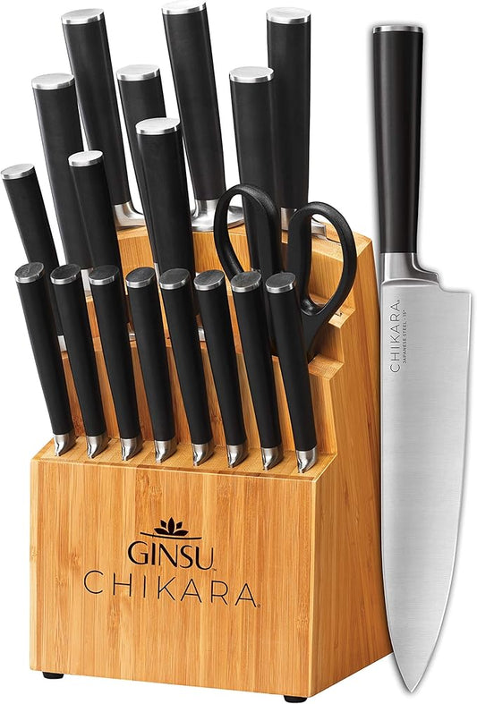 Ginsu Chikara Series Forged 19-Piece Japanese Knife Set, Black - Premium Cutlery Set with 420J Stainless Steel Kitchen Knives and Bamboo Block