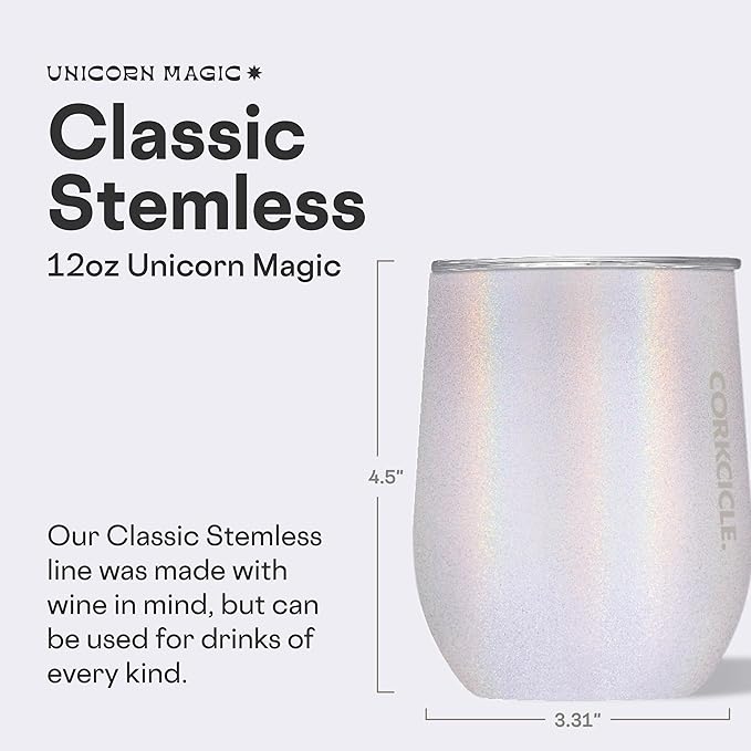 Corkcicle Stemless Wine Tumbler - Keeps Drinks Cold for 6 Hours - Triple-Insulated Stainless Steel - Non-Slip Base - Summer Drinkware Gift - Keeps Drinks Ice Cold - 12 oz - Unicorn Magic