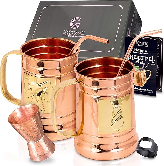 G GOODYGOODS Moscow Mule Copper Mugs: Make Any Drink Taste Better! 100% Pure Solid Copper His & Hers Gift Set - 2 Hammered 18 OZ Cups, 2 Unique Straws, Jigger & Recipe Booklet