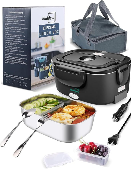 Buddew Electric Heated Lunch Box for Adults - 80W Fast Heating, 1.5L Food-Grade Stainless Steel, 12V/24V/110V Portable Food Warmer for Work Travel Car, Lonchera Electrica Portatil