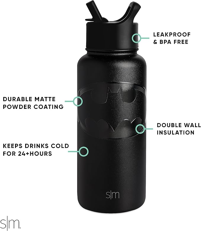 Simple Modern Batman DC Comics Water Bottle with Straw Lid Insulated Stainless Steel Metal Thermos | Gifts for Women Men Reusable Leak Proof Flask | Summit Collection | 32oz Batman Bat Signal
