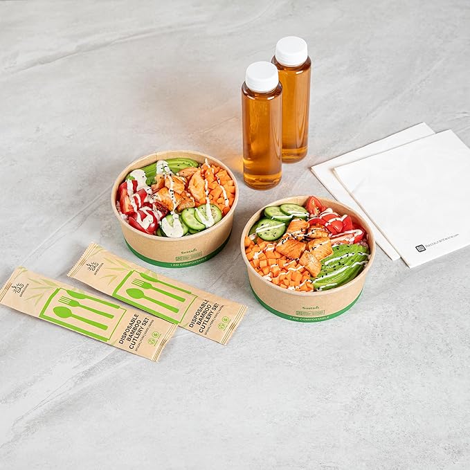 Restaurantware Compostable Paper Food Containers 50 Pack Of 37 oz BPI-Certified Round Kraft Salad Bowls Disposable Grease-Resistant Meal Prep Take Out Containers For Ice Creams, Soups, Snacks