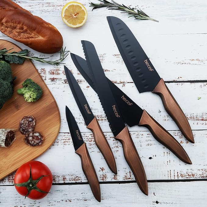 hecef Vintage Kitchen Knife Set, Stainless Steel Non-stick Black Coated Knives with Extra Sheaths, Includes Chef, Bread, Santoku, Utility and Paring Knife