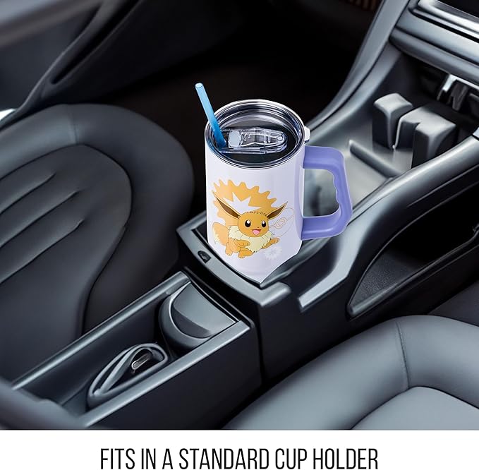 Silver Buffalo Pokémon Stainless Steel Tumbler with Handle Featuring Eevee, Fits in Standard Cup Holder, 40 Ounces