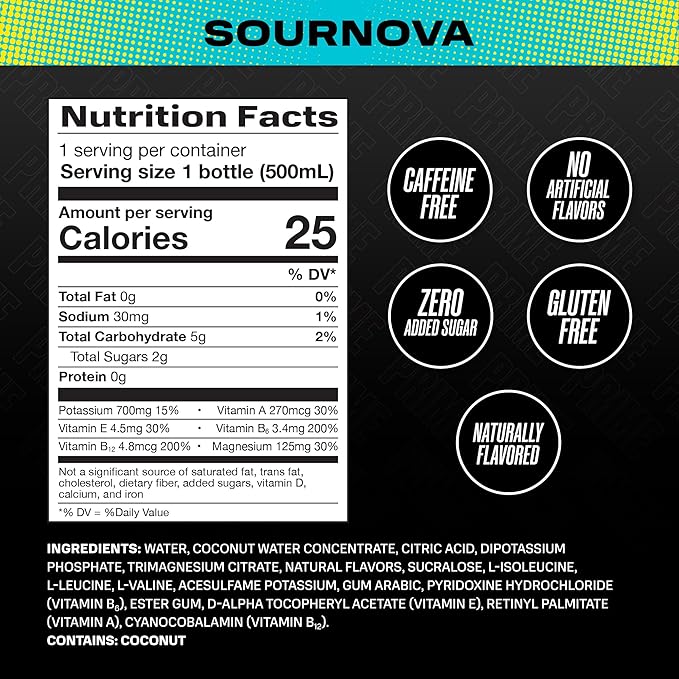 PRIME Hydration SOURNOVA, Sports Drinks, Electrolyte Enhanced for Replenishing Fluids, 250mg BCAAs, B Vitamins, Antioxidants, Low Sugar, 16.9 Fl Oz, 12 Pack
