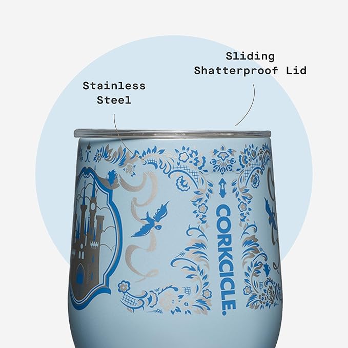 Corkcicle Stemless Insulated Wine Glass Tumbler - Keeps Beverages Cold 6 Hours & Hot 3 Hours - Stainless Steel - Easy-Grip - Summer Drinkware Gift - Keeps Drinks Ice Cold - 12 oz - Princess Cinderella