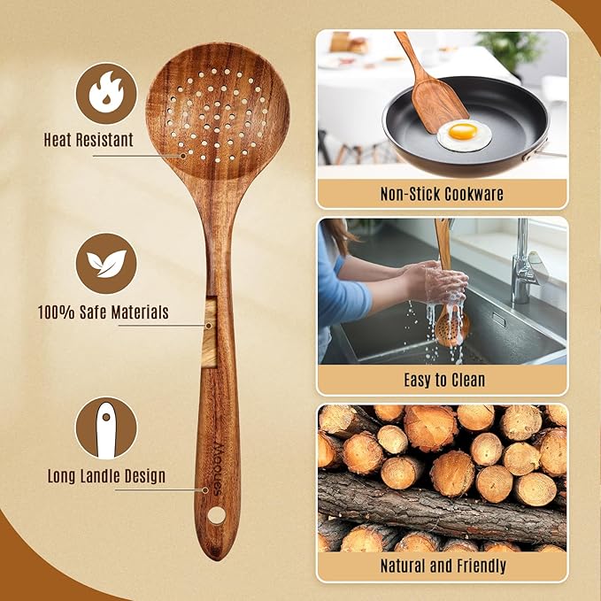 Wooden Spoons for Cooking, 5 Pcs Wooden Utensils for Cooking Natural Teak Wooden Kitchen Utensils Set