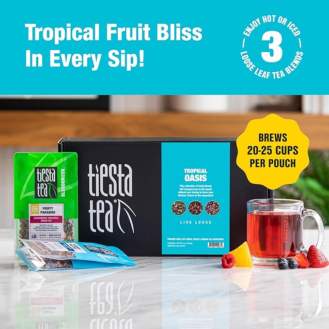 Tiesta Tea - Fruity Loose Leaf Tea Gift Box, Loose Leaf, Medium Caffeinated Variety Pack, Make Hot & Iced, 3 Pouches of Assorted Blends with Green, Blueberry Fruit & Hibiscus Fruit Blend