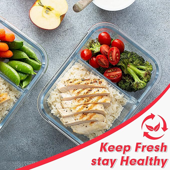 VERONES 10 Pack Glass Meal Prep Containers 2 Compartment Set, 36OZ Airtight Lunch Containers, Glass Food Storage Containers with Lids, for Microwave, Oven, Freezer & Dishwasher Friendly,Red