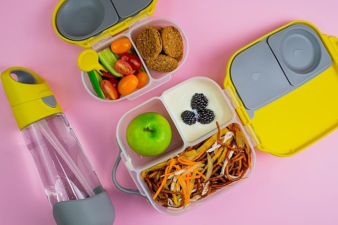 b.box Snack Box Reusable Snack Containers with Lids 2 compartments, Bento Box for kids and toddlers, Leakproof Lunch Box, BPA free and Dishwasher Safe Snack Container (Lemon Sherbet, 1 3/4 Cup)