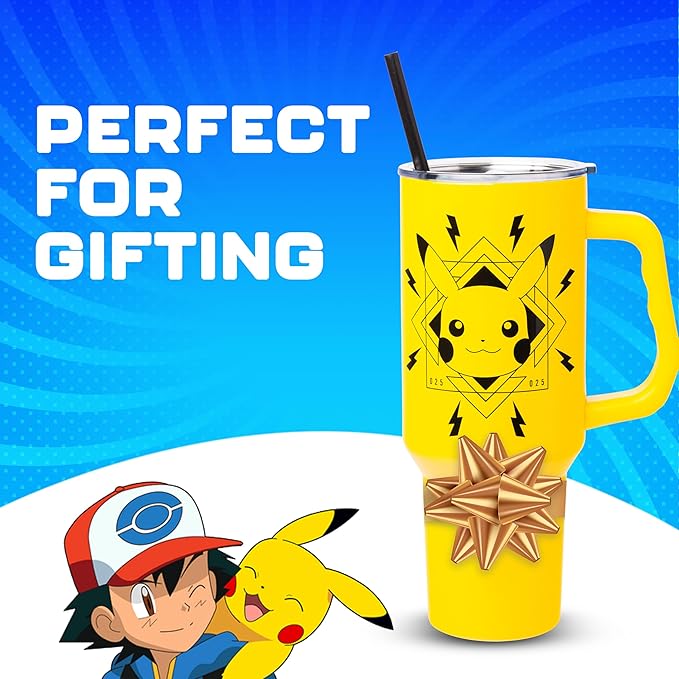 Silver Buffalo Pokémon Lightning Stainless Steel Tumbler with Handle Featuring Pikachu, Fits in Standard Cup Holder, 40 Ounces