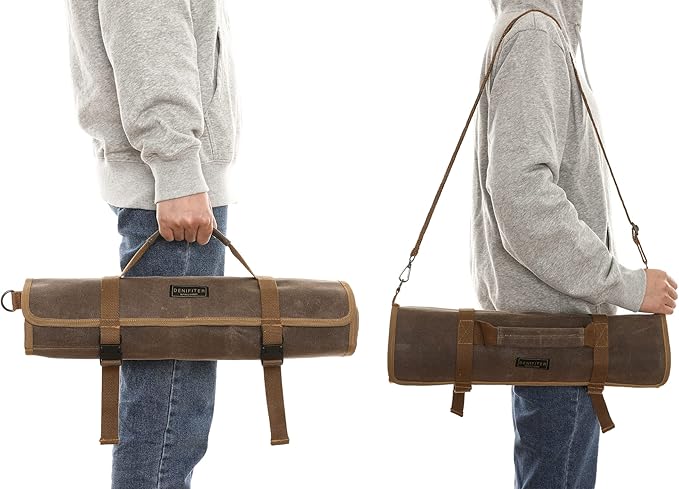 Denifiter Professional Chef's Knife Bag with Anti Cutting Fabric Inside, Heavy Duty 16oz Waxed Canvas Knife Roll, 11 Slots & Durable Handle Adjustable Shoulder Strap (Grey)